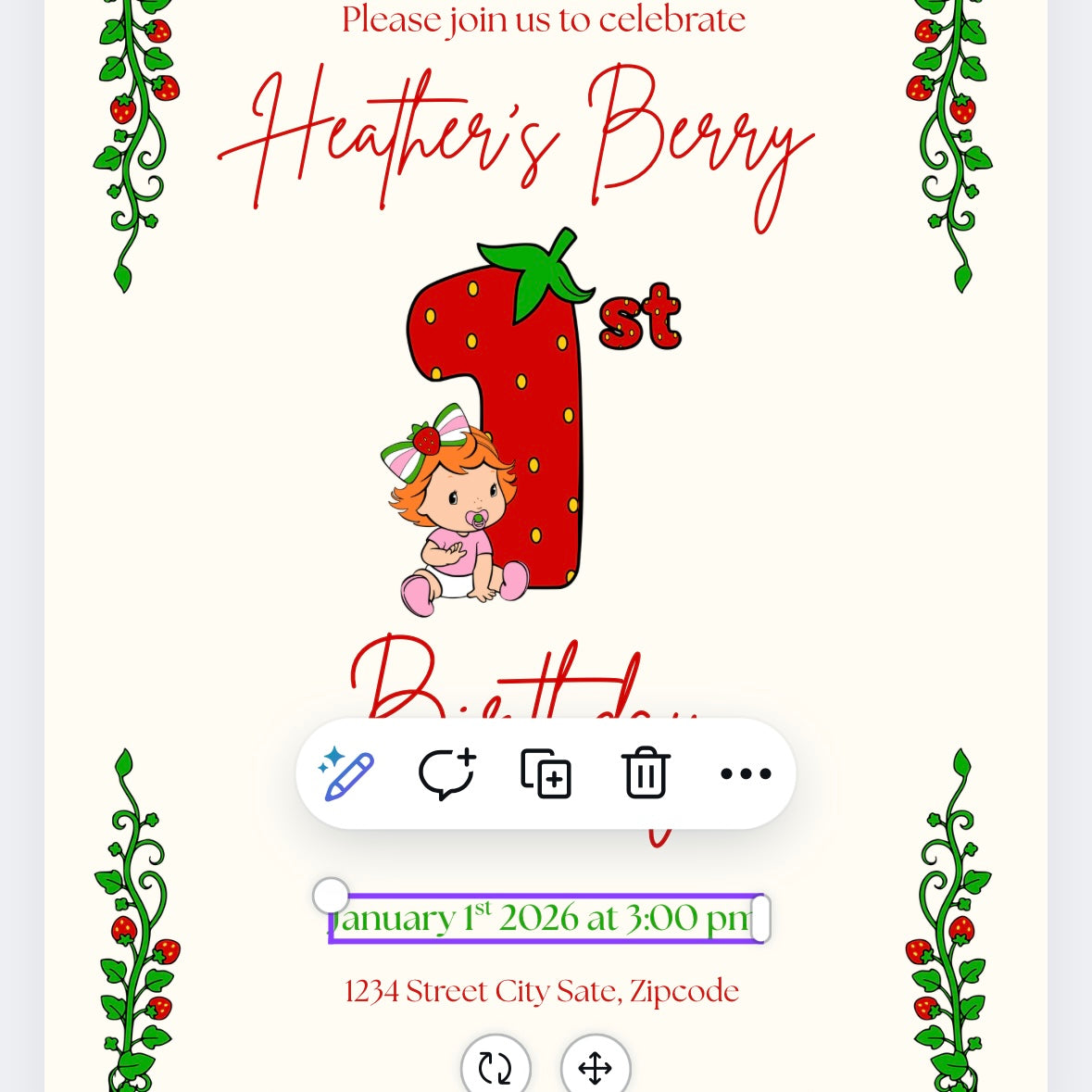 Berry 1st Birthday Invitation Canva Template